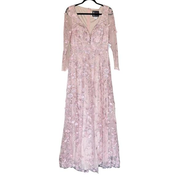 Mac Duggal 70224 Floral Applique Illusion Gown Long Sleeve Rose Pink Size 8 NWT - Picture 6 of 16